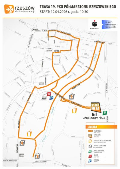 grafika z mapą trasy biegowej 19. PKO P&oacute;łmaratonu Rzeszowskiego